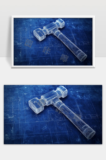 创意设计机械锤子三维线框模型蓝图展示