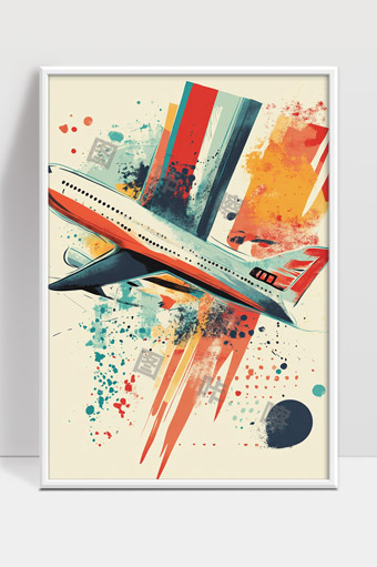 创意彩色喷溅风格现代客机飞行插画艺术
