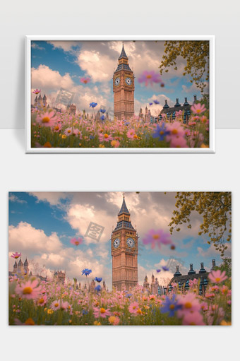 伦敦大本钟鲜花盛开春日美景