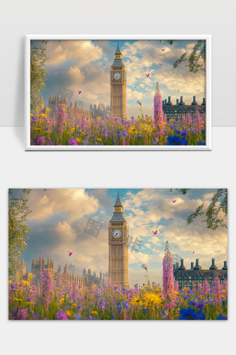 伦敦大本钟前色彩斑斓的花海与蓝天白云景象