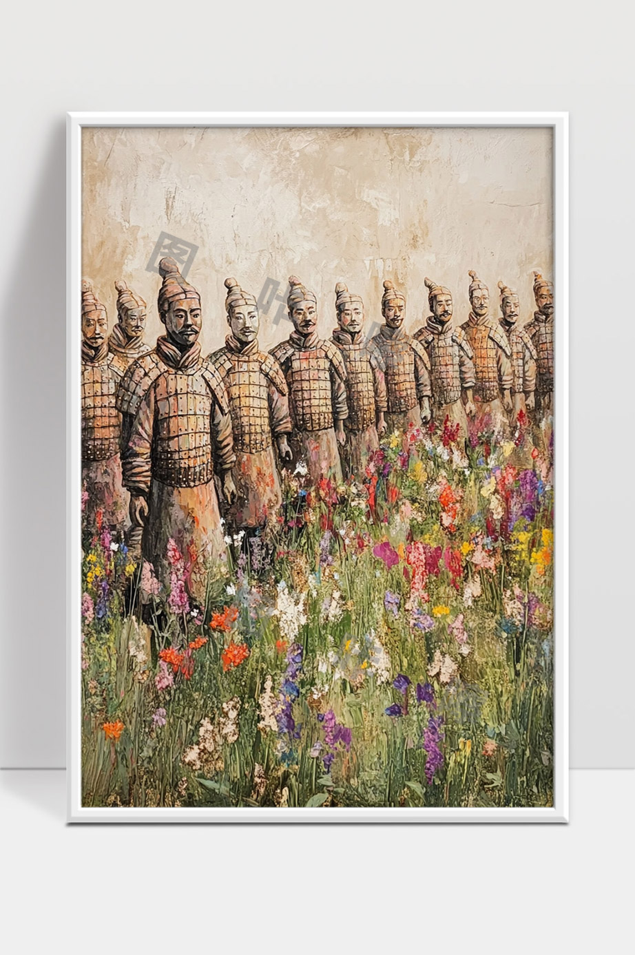 兵马俑守护花海古今文化交融的艺术画作
