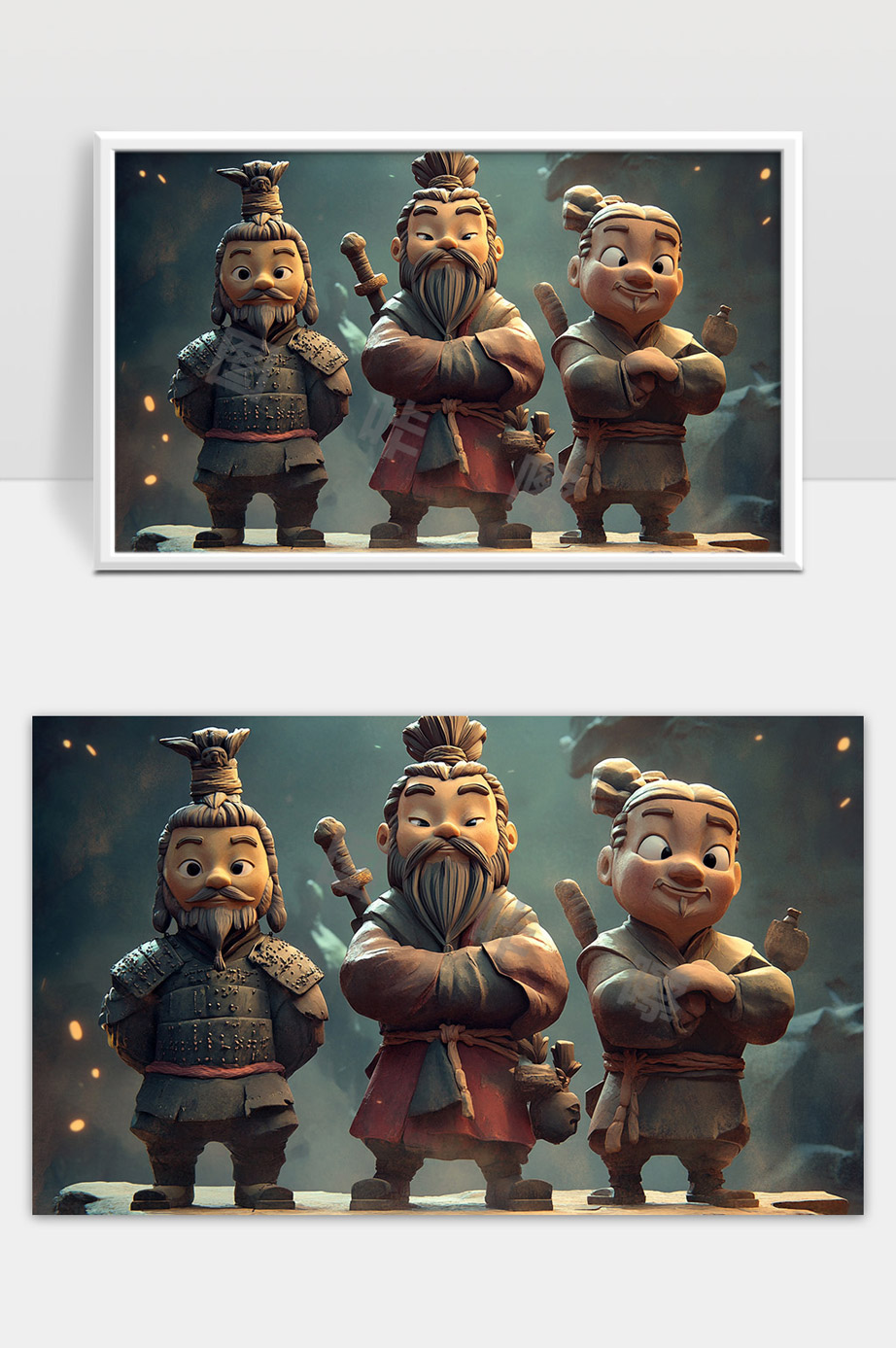 中国古代武将卡通三人组立于战场前