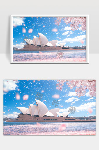 悉尼歌剧院樱花飘落春日美景蓝天白云映照