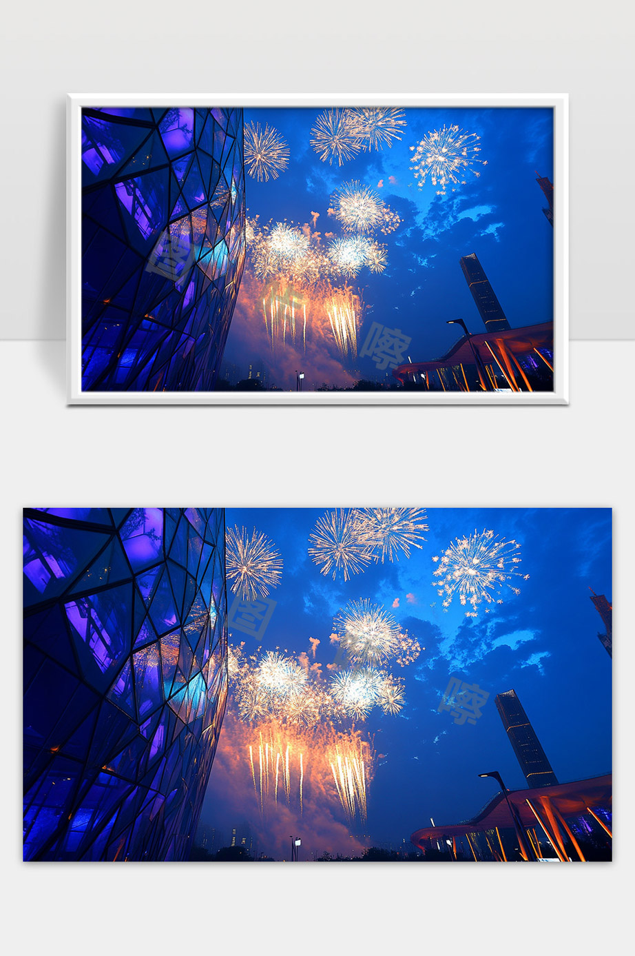 城市夜晚烟花绽放光影交错现代建筑美景