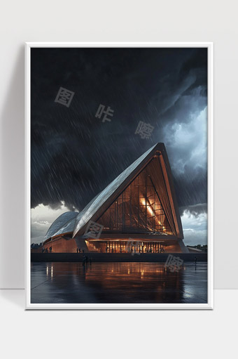 暴雨中悉尼歌剧院灯光映照湿润夜景