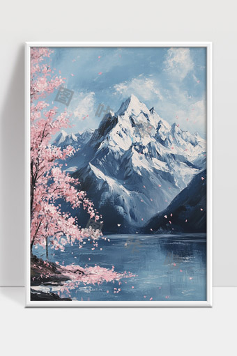 雪山湖畔春天盛开的粉色樱花美景画