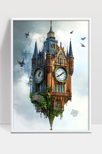 悬浮在空中的复古哥特风格大钟楼奇幻场景