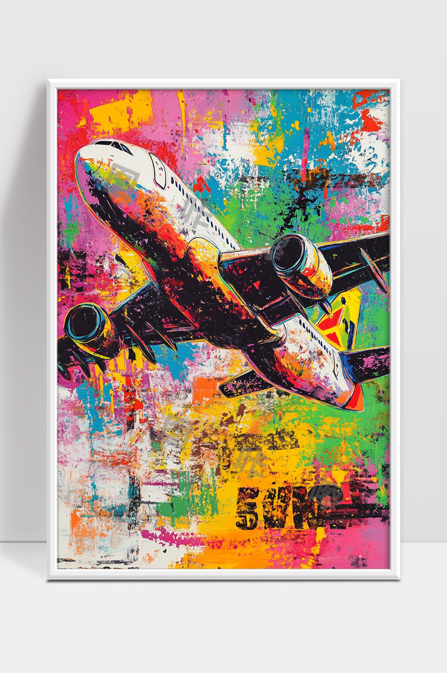 彩色艺术风格飞翔中的现代客机绘画作品