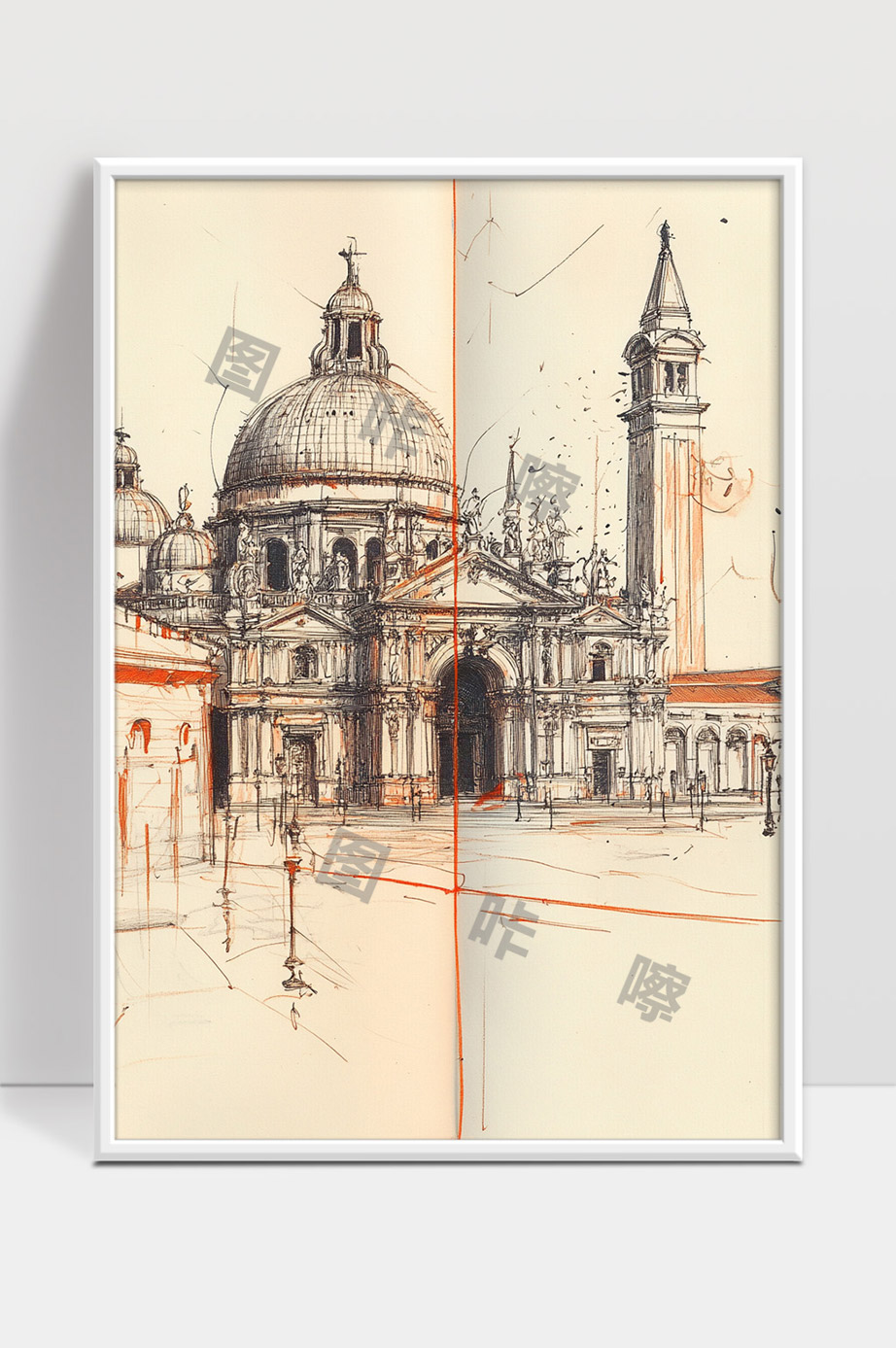 欧洲经典建筑速写手绘教堂钟楼风景画