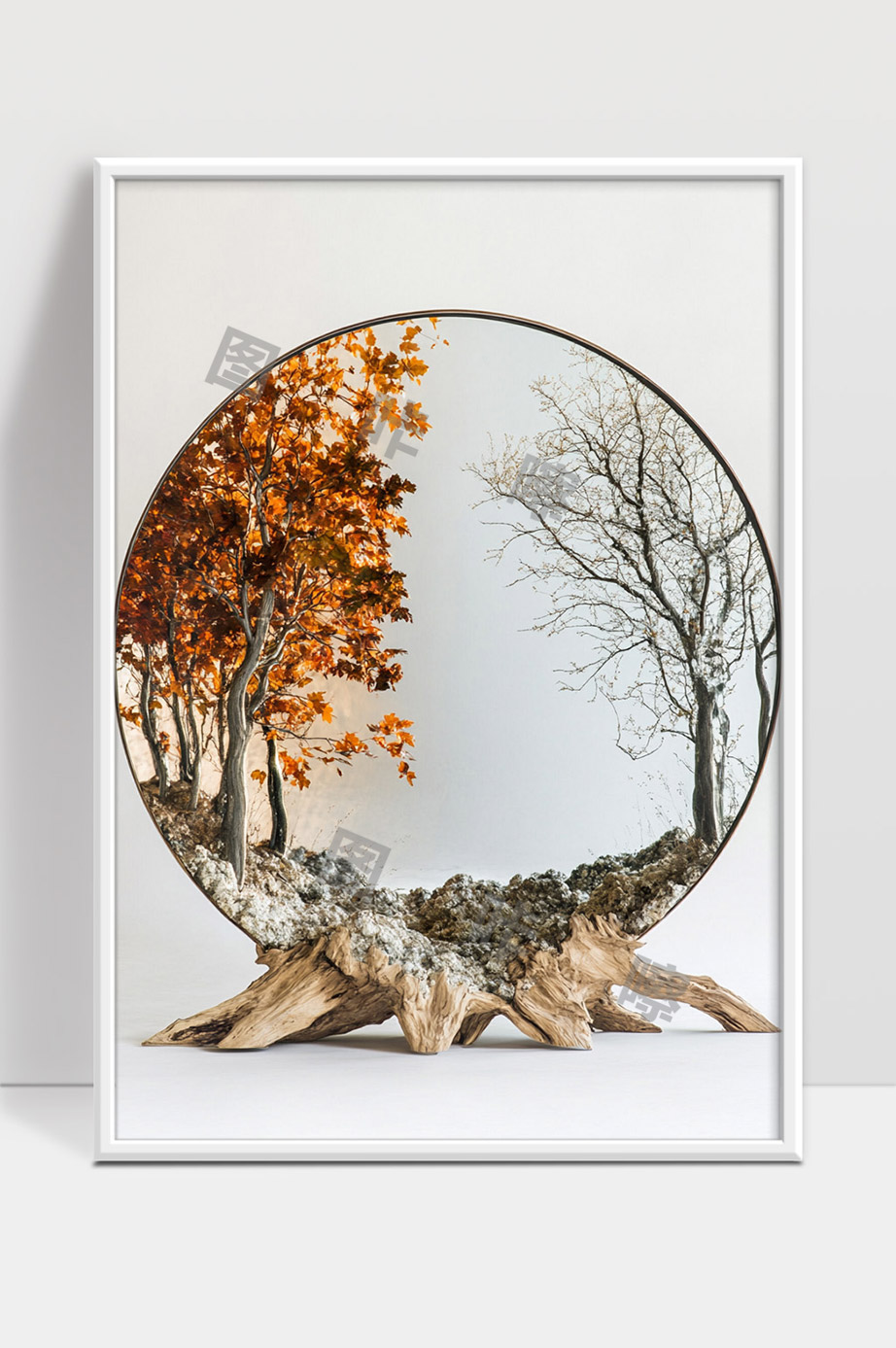 圆形装饰镜中秋冬季树木四季更替艺术摆件