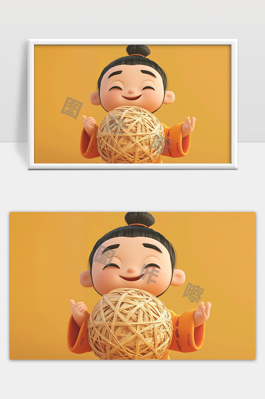 可爱卡通小孩快乐抱着大线团温馨画面