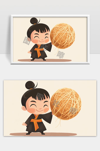 黑衣小忍者开心玩巨型线团可爱卡通形象