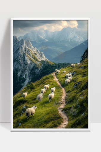 群羊沿山间小径悠闲漫步壮美自然风光