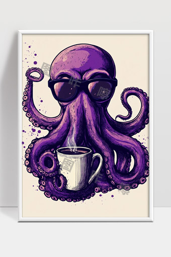 戴墨镜紫色章鱼悠闲喝咖啡奇趣插画艺术