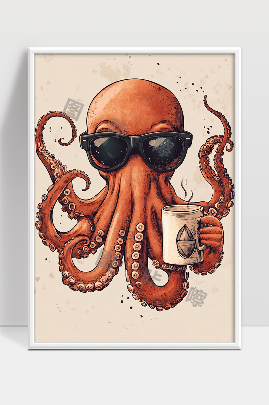 时尚章鱼戴墨镜手持咖啡杯创意卡通插画