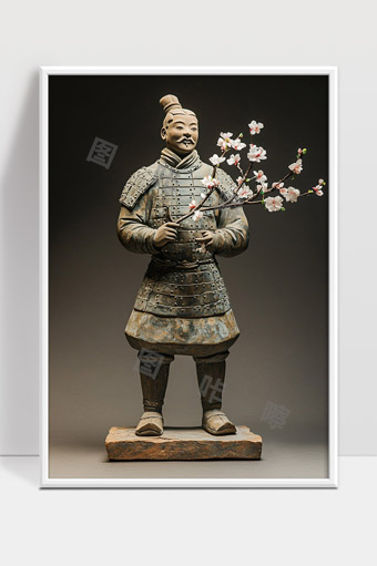 兵马俑手持桃花展示中华古代军事与文化融合之美
