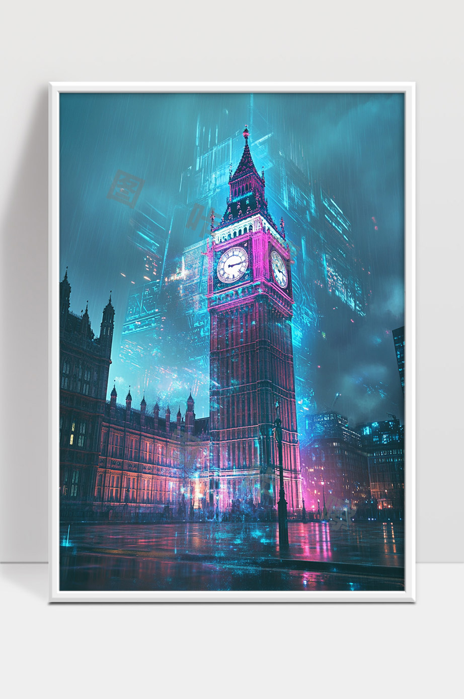 赛博朋克风格伦敦大本钟夜景未来科技感建筑