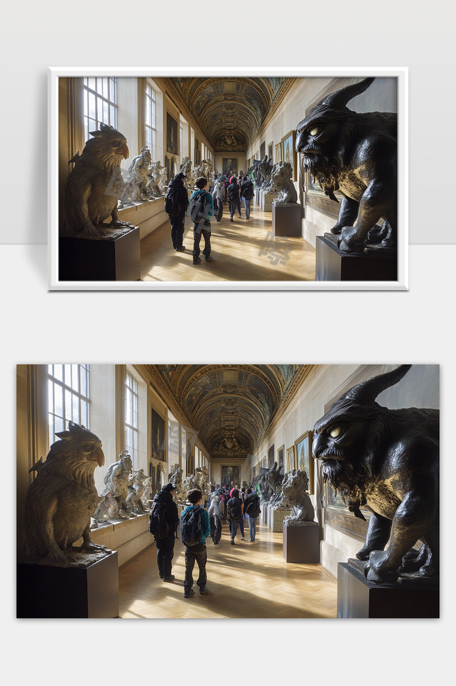 博物馆神秘神话雕塑长廊游览现代与古代艺术融合