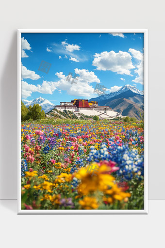 拉萨布达拉宫前绚丽多彩的高原花海和雪山风光