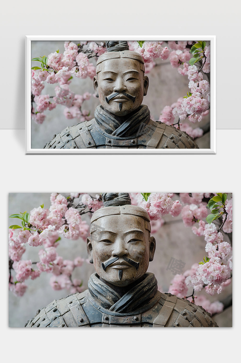 秦兵马俑与盛开繁花展现古今文化交融