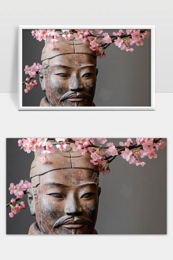 兵马俑面具与桃花绽放古今文化交融之美