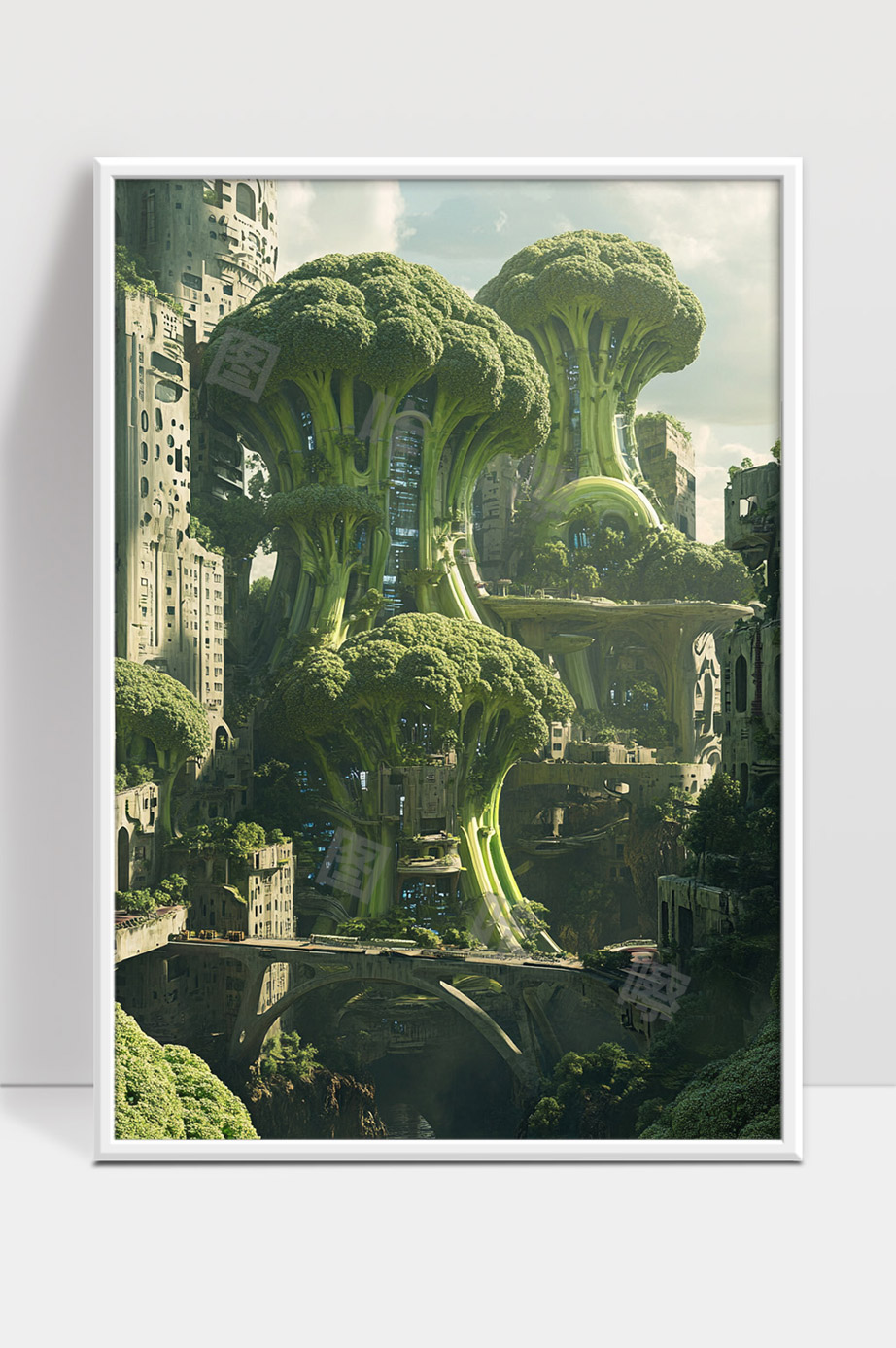 未来城市中的奇幻绿色西兰花建筑景观