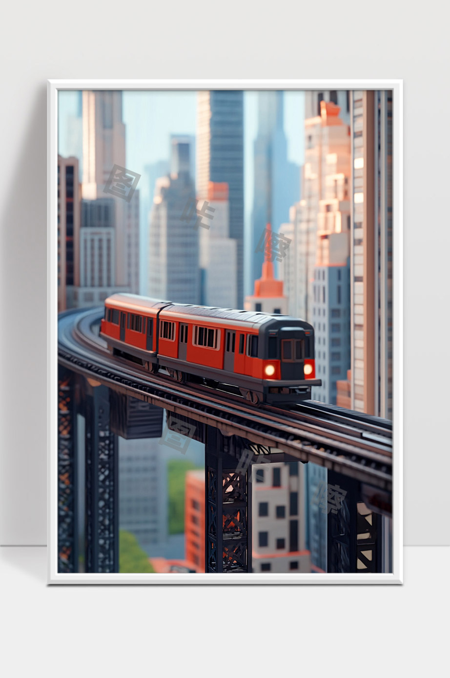 现代城市轨道交通红色地铁穿行高架远景