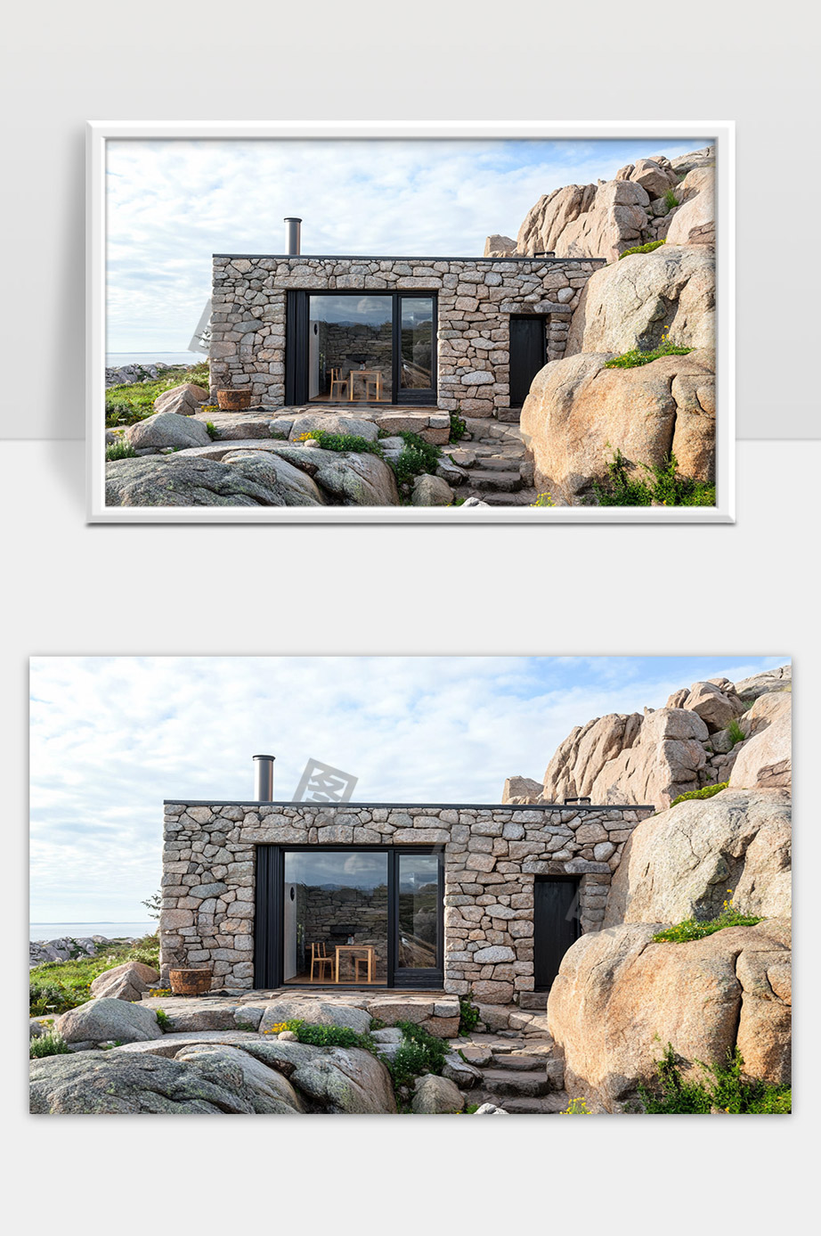 岩石环绕的现代简约石头小屋自然环境中