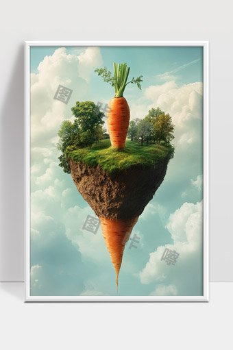 悬浮天空中的巨大胡萝卜岛和绿树奇幻场景