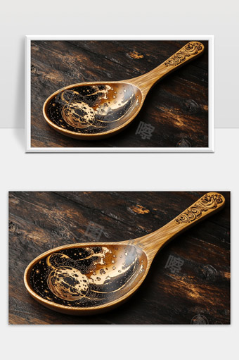 宇宙星空图案雕刻木勺精美手工艺术品展示