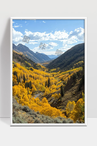 秋季山谷黄色树林群山蓝天白云自然风光