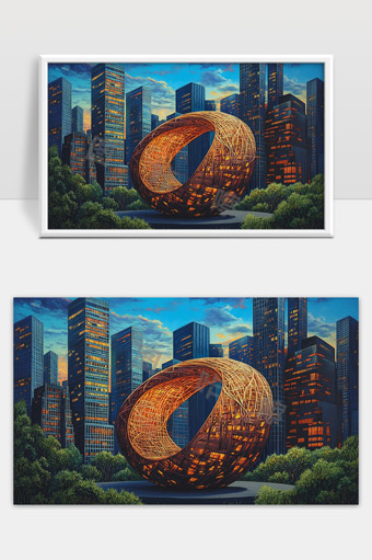现代都市夜景中的艺术装置与高楼建筑