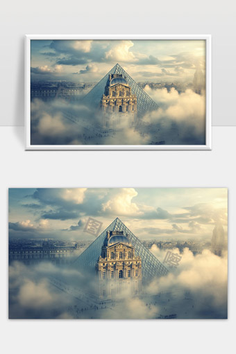 云雾缭绕中的卢浮宫玻璃金字塔与古典建筑融合景观