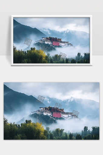 云雾缭绕下的布达拉宫雪山环绕自然风光壮丽