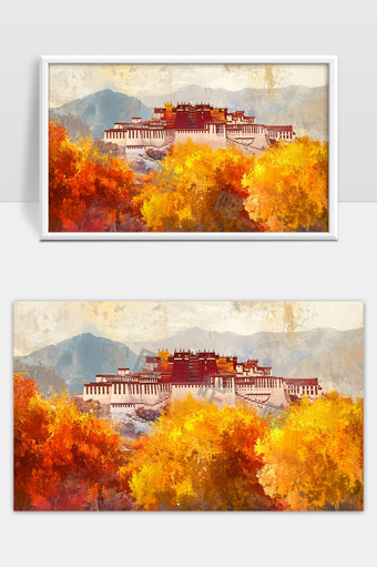 秋日黄叶映照下的布达拉宫壮丽景观