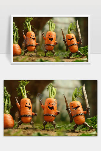 创意胡萝卜战士手持武器跳跃舞动趣味场景