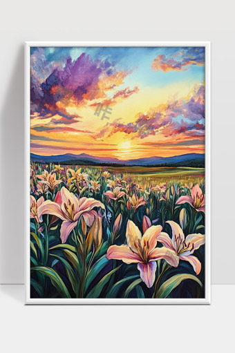 绚丽晚霞映照下的百合花海与远山景色