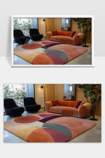 现代简约风格客厅彩色几何地毯和舒适沙发设计
