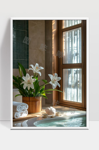 阳光照射下浴室中的百合花与整洁毛巾