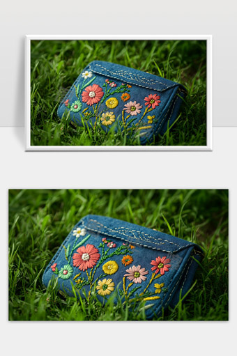 手工刺绣花朵牛仔布零钱包放置草地上