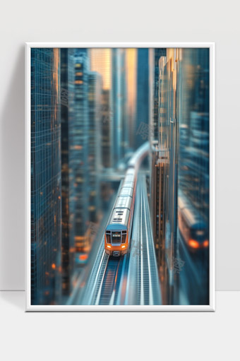 现代城市高架轨道列车穿行繁华都市建筑间