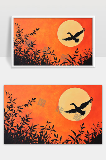 夕阳下飞鸟剪影与草丛的唯美自然景色