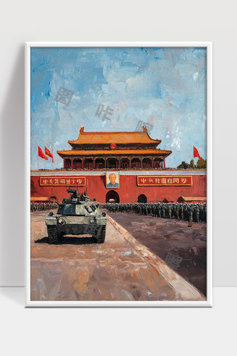 天安门广场军事阅兵盛大场面油画艺术表现