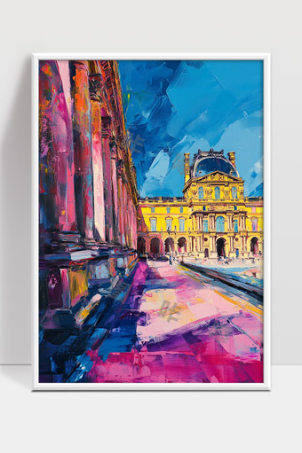 浓烈色彩下的巴黎卢浮宫建筑风光画作