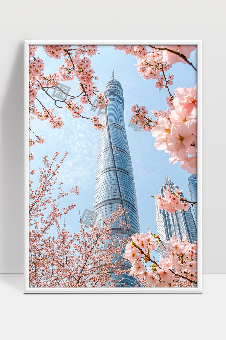 春天樱花盛开下的现代摩天大楼景观