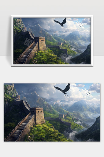 巍峨长城蜿蜒山脉苍鹰翱翔壮丽风光