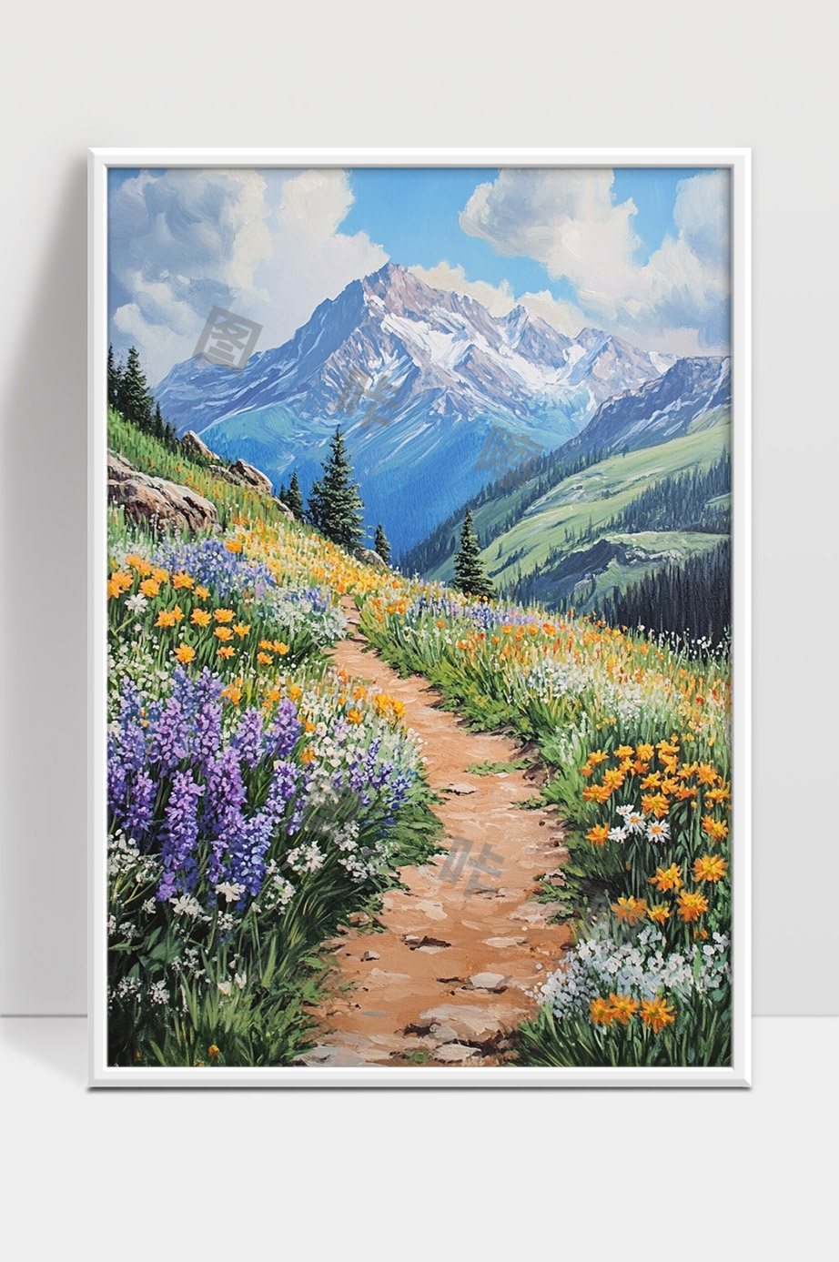 山间花海小路春天野花与雪山美景