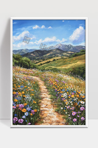 春日山间野花盛开小径通向远方山脉美丽自然风光