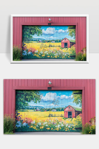 田园风光彩绘乡村风景艺术创作乡村花海红色谷仓