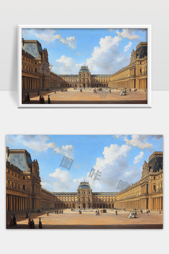 卢浮宫宫殿广场的古典建筑与人群风景画